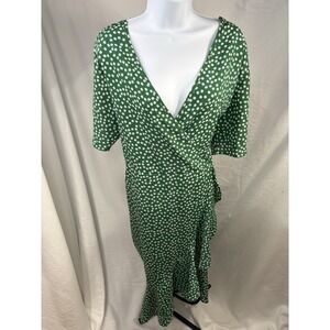 Green Floral Wrap Midi Dress‎ Ruffle Hem Short Sleeve Cotton Blend Women's XL